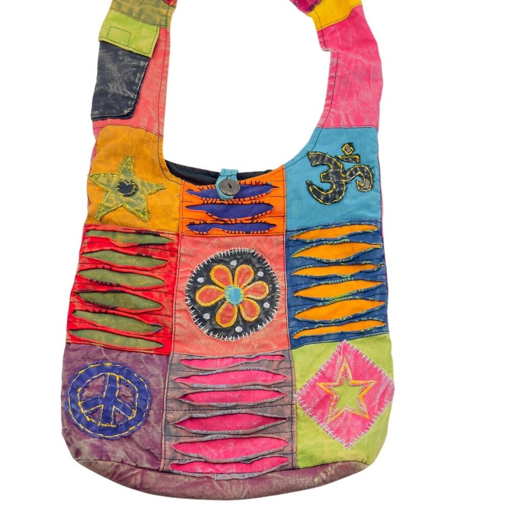 Bohemian Boho Hippie Multicolor Rainbow Patchwork Artsy Cotton Crossbody Bag